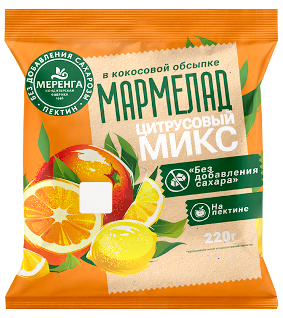 №1 Меренга Мармелад без сахара в кокосовой обсыпке Цитрусовый микс, 220г    в Череповце